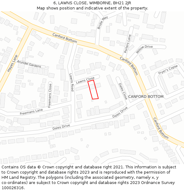 6, LAWNS CLOSE, WIMBORNE, BH21 2JR: Location map and indicative extent of plot