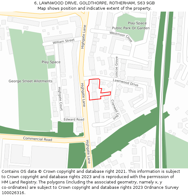 6, LAWNWOOD DRIVE, GOLDTHORPE, ROTHERHAM, S63 9GB: Location map and indicative extent of plot