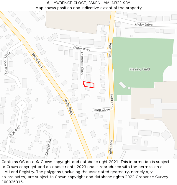 6, LAWRENCE CLOSE, FAKENHAM, NR21 9RA: Location map and indicative extent of plot