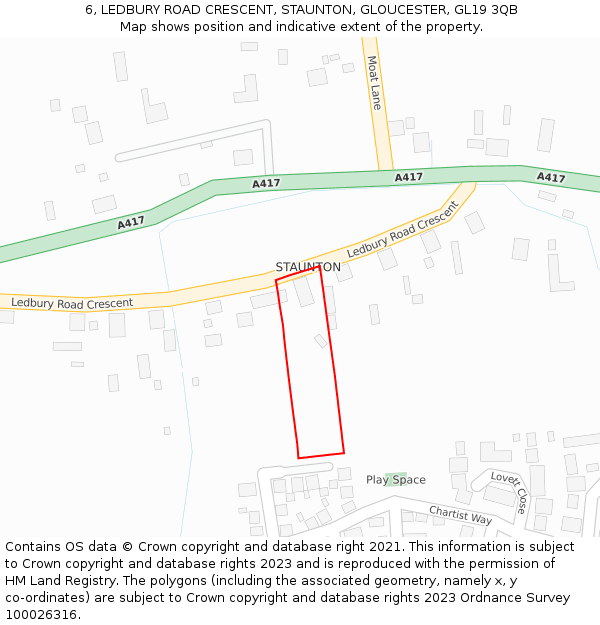 6, LEDBURY ROAD CRESCENT, STAUNTON, GLOUCESTER, GL19 3QB: Location map and indicative extent of plot