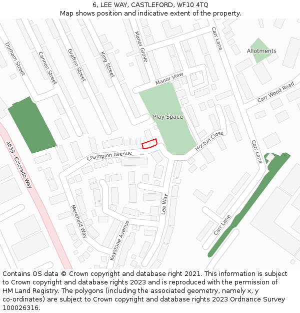 6, LEE WAY, CASTLEFORD, WF10 4TQ: Location map and indicative extent of plot