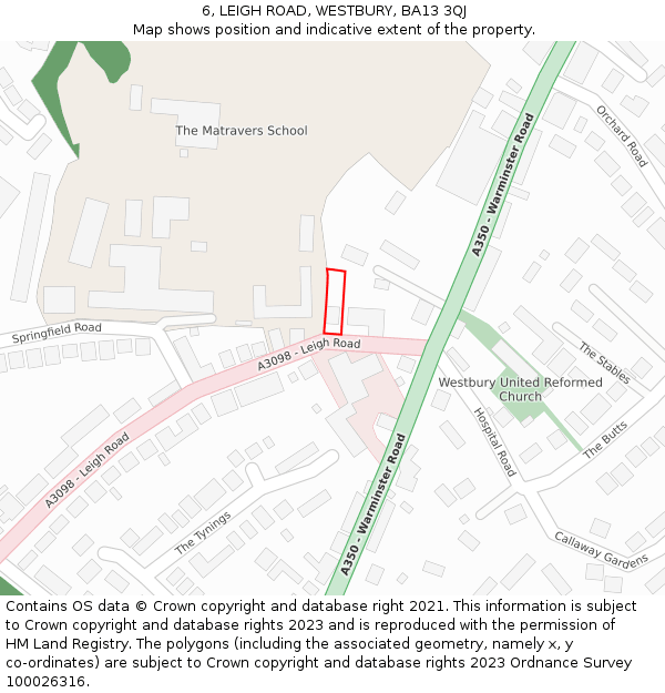 6, LEIGH ROAD, WESTBURY, BA13 3QJ: Location map and indicative extent of plot