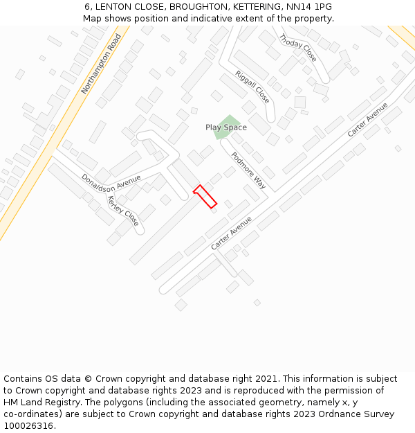 6, LENTON CLOSE, BROUGHTON, KETTERING, NN14 1PG: Location map and indicative extent of plot