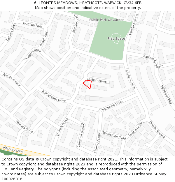 6, LEONTES MEADOWS, HEATHCOTE, WARWICK, CV34 6FR: Location map and indicative extent of plot