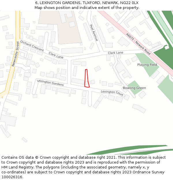 6, LEXINGTON GARDENS, TUXFORD, NEWARK, NG22 0LX: Location map and indicative extent of plot