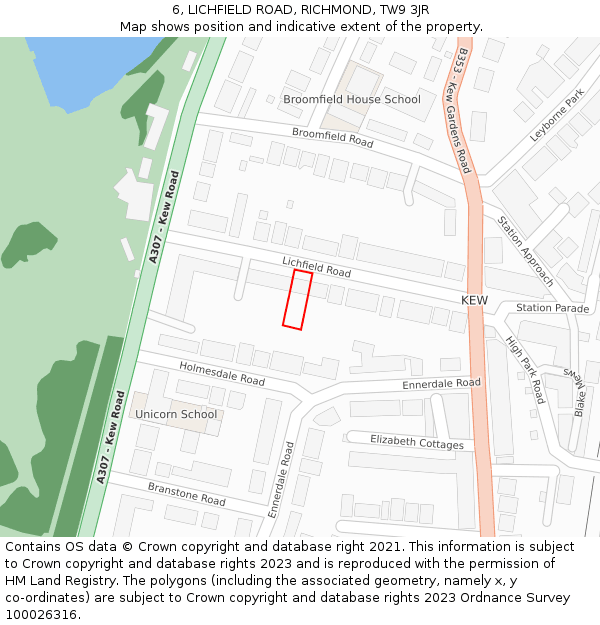 6, LICHFIELD ROAD, RICHMOND, TW9 3JR: Location map and indicative extent of plot