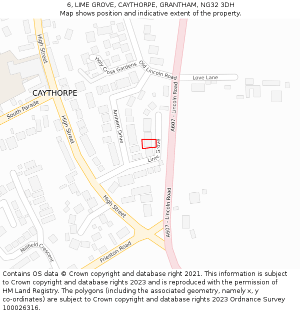 6, LIME GROVE, CAYTHORPE, GRANTHAM, NG32 3DH: Location map and indicative extent of plot