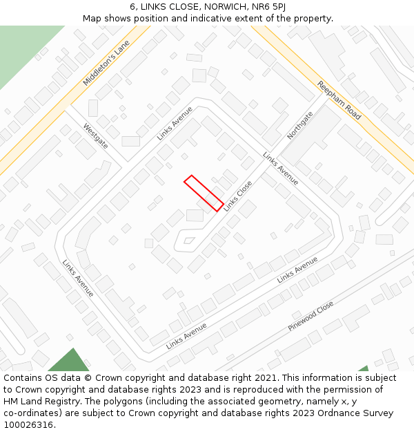 6, LINKS CLOSE, NORWICH, NR6 5PJ: Location map and indicative extent of plot