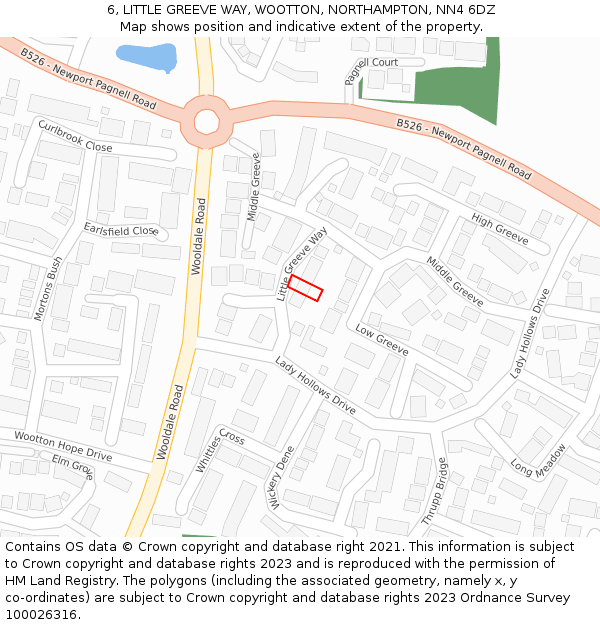 6, LITTLE GREEVE WAY, WOOTTON, NORTHAMPTON, NN4 6DZ: Location map and indicative extent of plot