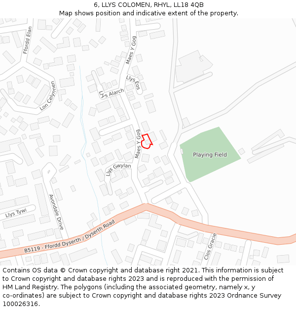 6, LLYS COLOMEN, RHYL, LL18 4QB: Location map and indicative extent of plot