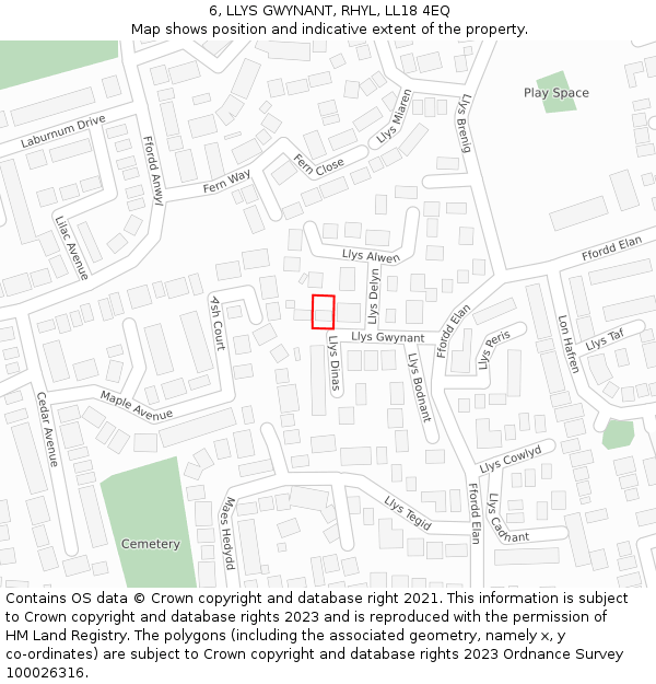 6, LLYS GWYNANT, RHYL, LL18 4EQ: Location map and indicative extent of plot