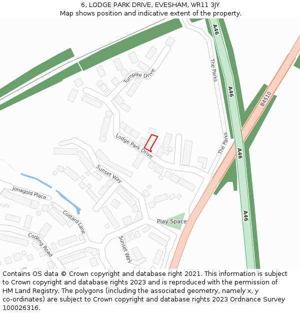 6, LODGE PARK DRIVE, EVESHAM, WR11 3JY: Location map and indicative extent of plot