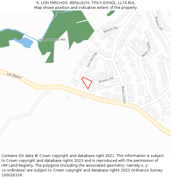 6, LON FARCHOG, BENLLECH, TYN-Y-GONGL, LL74 8UL: Location map and indicative extent of plot