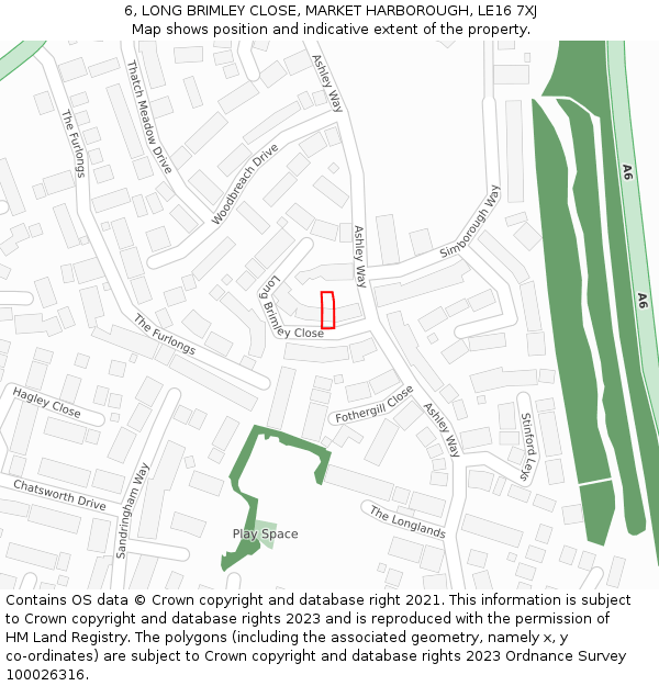 6, LONG BRIMLEY CLOSE, MARKET HARBOROUGH, LE16 7XJ: Location map and indicative extent of plot