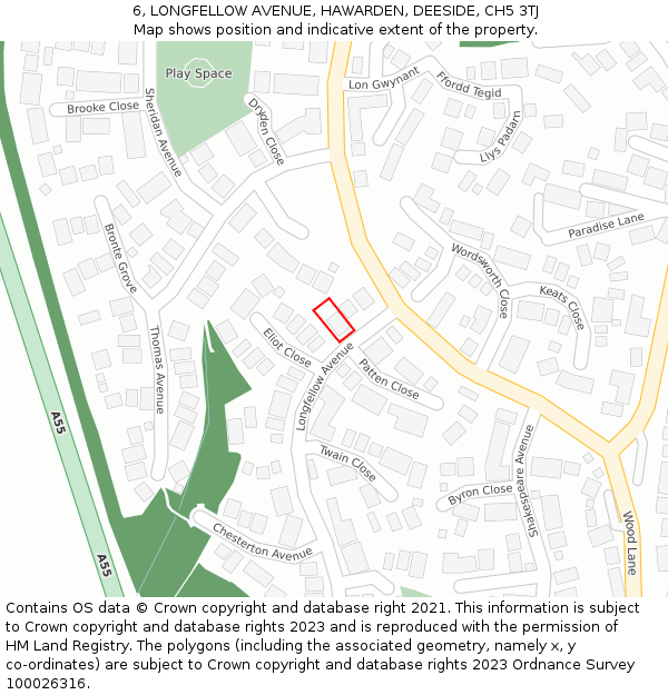 6, LONGFELLOW AVENUE, HAWARDEN, DEESIDE, CH5 3TJ: Location map and indicative extent of plot