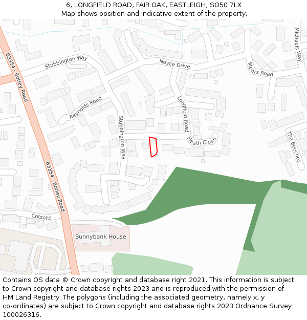 6, LONGFIELD ROAD, FAIR OAK, EASTLEIGH, SO50 7LX: Location map and indicative extent of plot