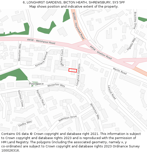 6, LONGHIRST GARDENS, BICTON HEATH, SHREWSBURY, SY3 5PF: Location map and indicative extent of plot