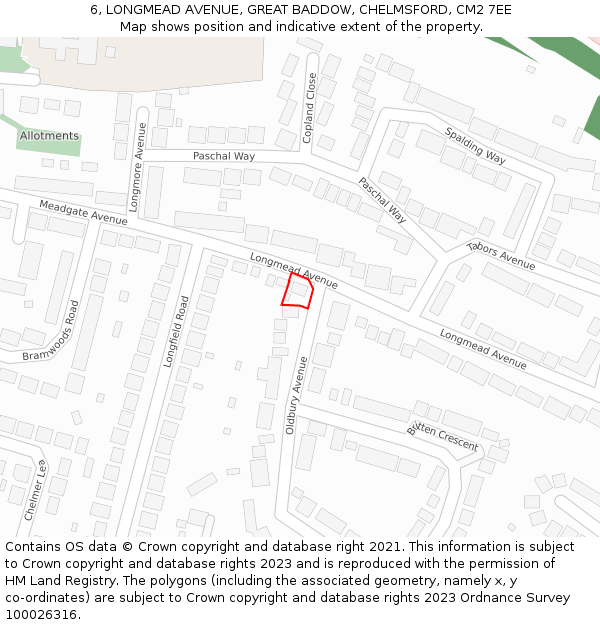 6, LONGMEAD AVENUE, GREAT BADDOW, CHELMSFORD, CM2 7EE: Location map and indicative extent of plot