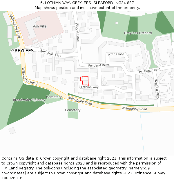 6, LOTHIAN WAY, GREYLEES, SLEAFORD, NG34 8FZ: Location map and indicative extent of plot