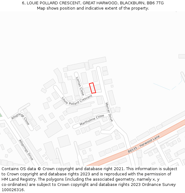 6, LOUIE POLLARD CRESCENT, GREAT HARWOOD, BLACKBURN, BB6 7TG: Location map and indicative extent of plot