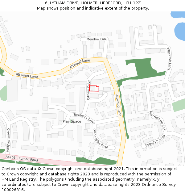 6, LYTHAM DRIVE, HOLMER, HEREFORD, HR1 1PZ: Location map and indicative extent of plot