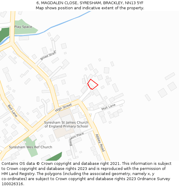 6, MAGDALEN CLOSE, SYRESHAM, BRACKLEY, NN13 5YF: Location map and indicative extent of plot