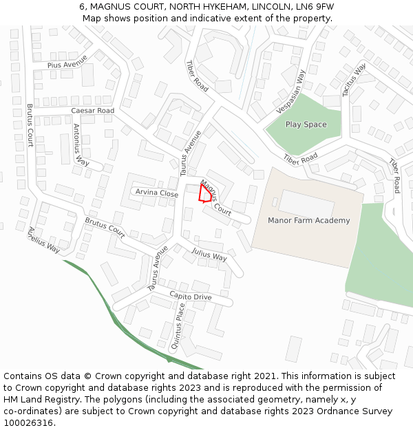 6, MAGNUS COURT, NORTH HYKEHAM, LINCOLN, LN6 9FW: Location map and indicative extent of plot