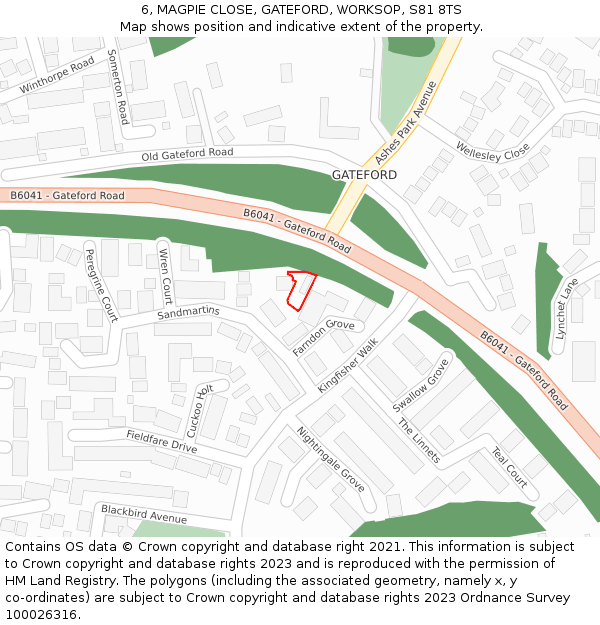 6, MAGPIE CLOSE, GATEFORD, WORKSOP, S81 8TS: Location map and indicative extent of plot