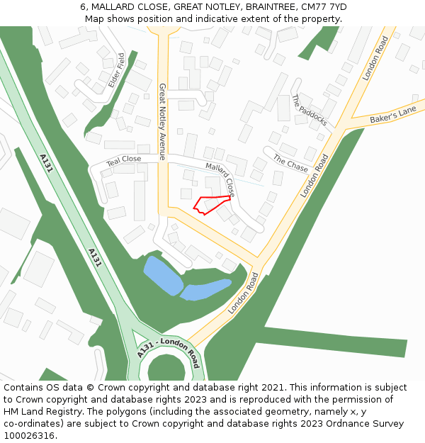 6, MALLARD CLOSE, GREAT NOTLEY, BRAINTREE, CM77 7YD: Location map and indicative extent of plot