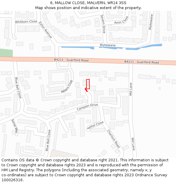 6, MALLOW CLOSE, MALVERN, WR14 3SS: Location map and indicative extent of plot