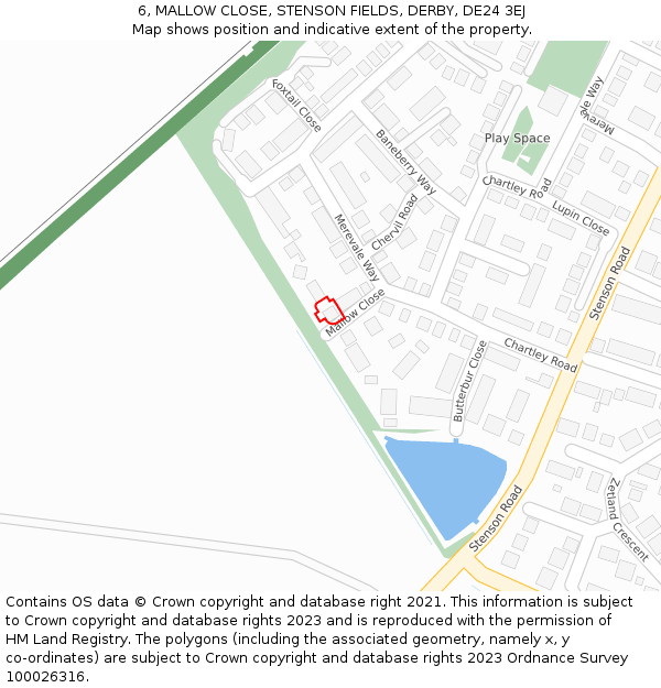 6, MALLOW CLOSE, STENSON FIELDS, DERBY, DE24 3EJ: Location map and indicative extent of plot