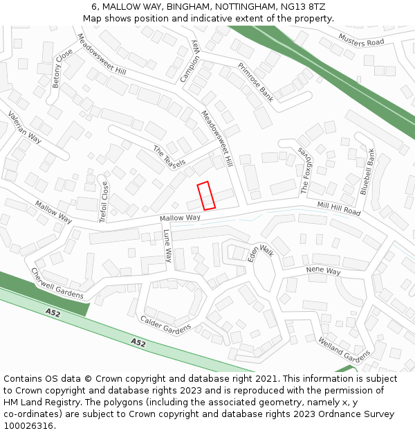 6, MALLOW WAY, BINGHAM, NOTTINGHAM, NG13 8TZ: Location map and indicative extent of plot