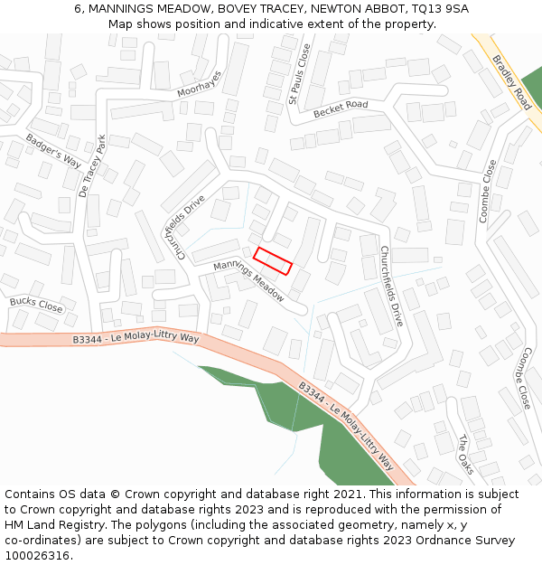 6, MANNINGS MEADOW, BOVEY TRACEY, NEWTON ABBOT, TQ13 9SA: Location map and indicative extent of plot