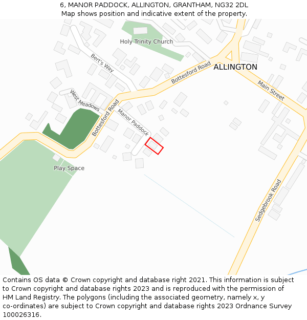 6, MANOR PADDOCK, ALLINGTON, GRANTHAM, NG32 2DL: Location map and indicative extent of plot
