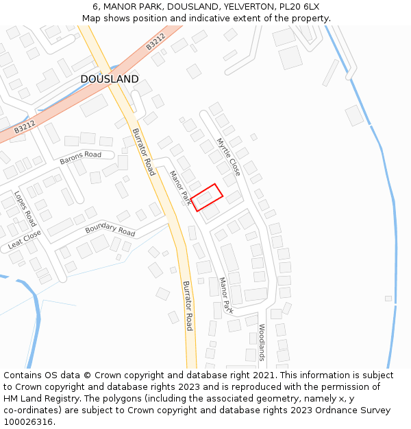 6, MANOR PARK, DOUSLAND, YELVERTON, PL20 6LX: Location map and indicative extent of plot