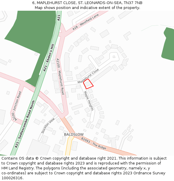 6, MAPLEHURST CLOSE, ST. LEONARDS-ON-SEA, TN37 7NB: Location map and indicative extent of plot