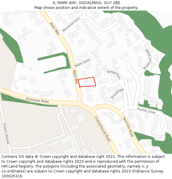 6, MARK WAY, GODALMING, GU7 2BE: Location map and indicative extent of plot