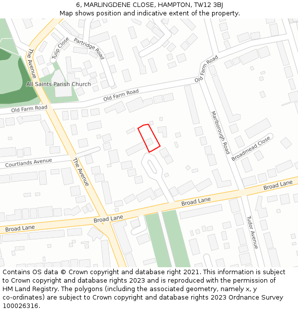 6, MARLINGDENE CLOSE, HAMPTON, TW12 3BJ: Location map and indicative extent of plot