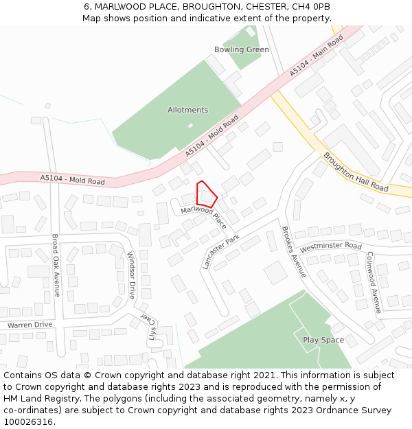 6, MARLWOOD PLACE, BROUGHTON, CHESTER, CH4 0PB: Location map and indicative extent of plot