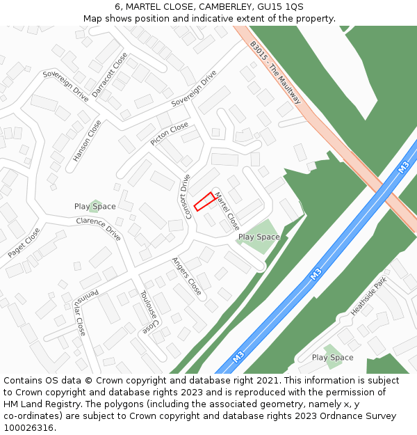 6, MARTEL CLOSE, CAMBERLEY, GU15 1QS: Location map and indicative extent of plot