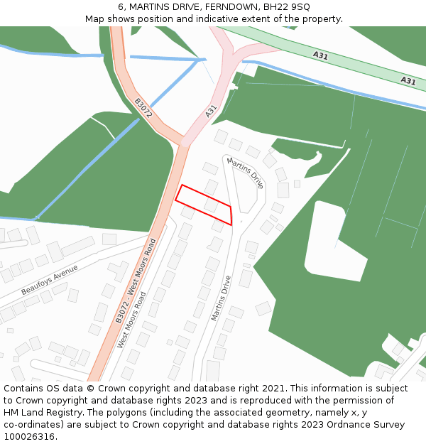 6, MARTINS DRIVE, FERNDOWN, BH22 9SQ: Location map and indicative extent of plot