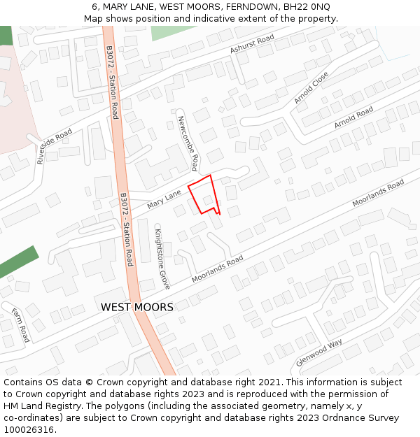 6, MARY LANE, WEST MOORS, FERNDOWN, BH22 0NQ: Location map and indicative extent of plot