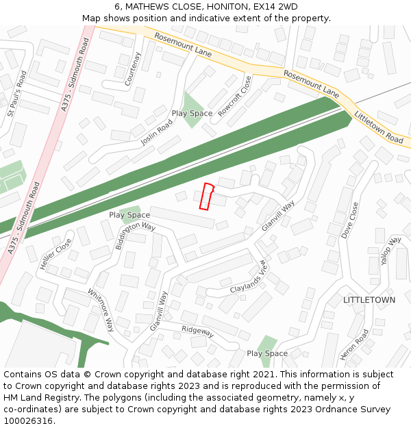 6, MATHEWS CLOSE, HONITON, EX14 2WD: Location map and indicative extent of plot