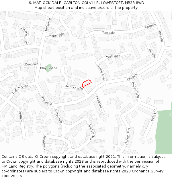 6, MATLOCK DALE, CARLTON COLVILLE, LOWESTOFT, NR33 8WD: Location map and indicative extent of plot