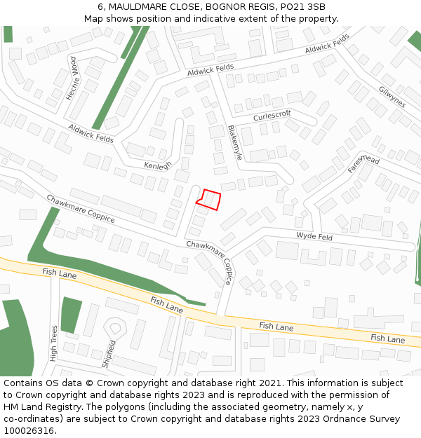 6, MAULDMARE CLOSE, BOGNOR REGIS, PO21 3SB: Location map and indicative extent of plot