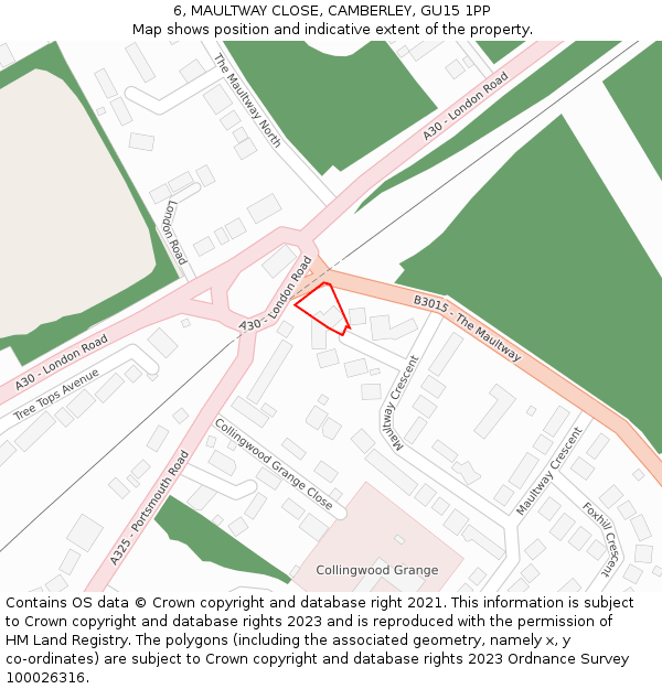 6, MAULTWAY CLOSE, CAMBERLEY, GU15 1PP: Location map and indicative extent of plot