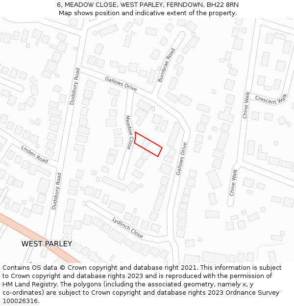 6, MEADOW CLOSE, WEST PARLEY, FERNDOWN, BH22 8RN: Location map and indicative extent of plot