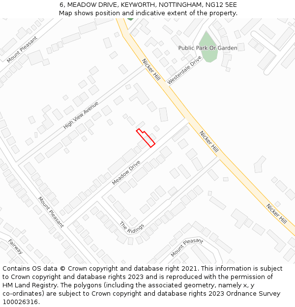 6, MEADOW DRIVE, KEYWORTH, NOTTINGHAM, NG12 5EE: Location map and indicative extent of plot
