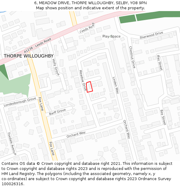 6, MEADOW DRIVE, THORPE WILLOUGHBY, SELBY, YO8 9PN: Location map and indicative extent of plot