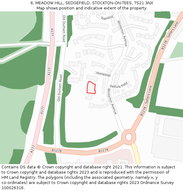 6, MEADOW HILL, SEDGEFIELD, STOCKTON-ON-TEES, TS21 3NX: Location map and indicative extent of plot